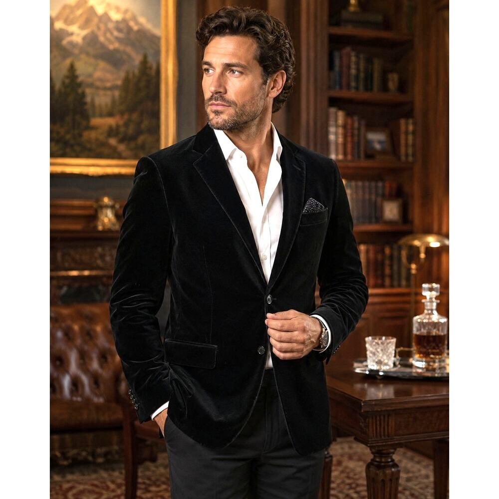 Material London Men's Small Black Velvet Blazer 100% Cotton 2 Button Sport Coat